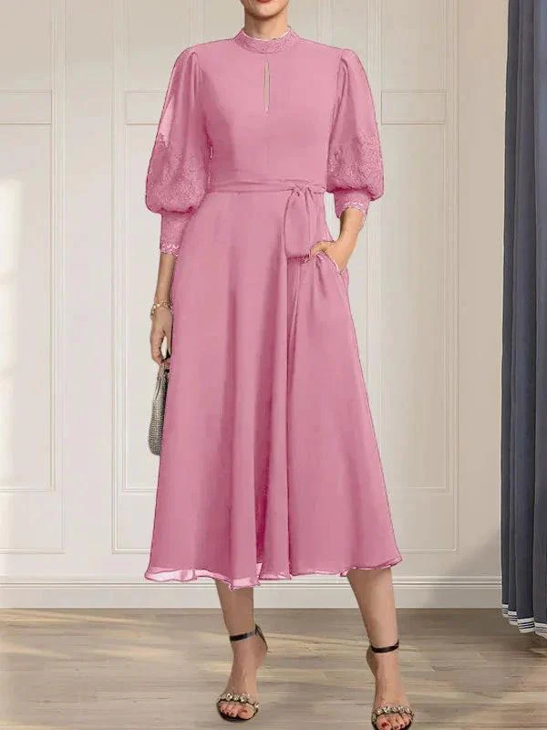 A-line High Neck Tea-Length Lace Chiffon Mother of the Bride Dress With Bow - Image 32