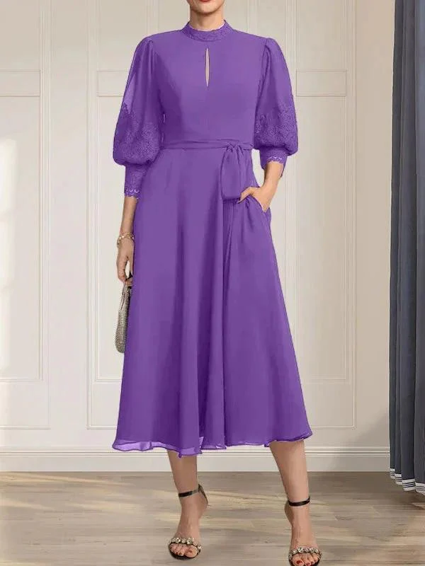 A-line High Neck Tea-Length Lace Chiffon Mother of the Bride Dress With Bow - Image 33