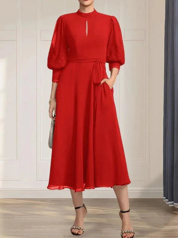 A-line High Neck Tea-Length Lace Chiffon Mother of the Bride Dress With Bow - Image 34