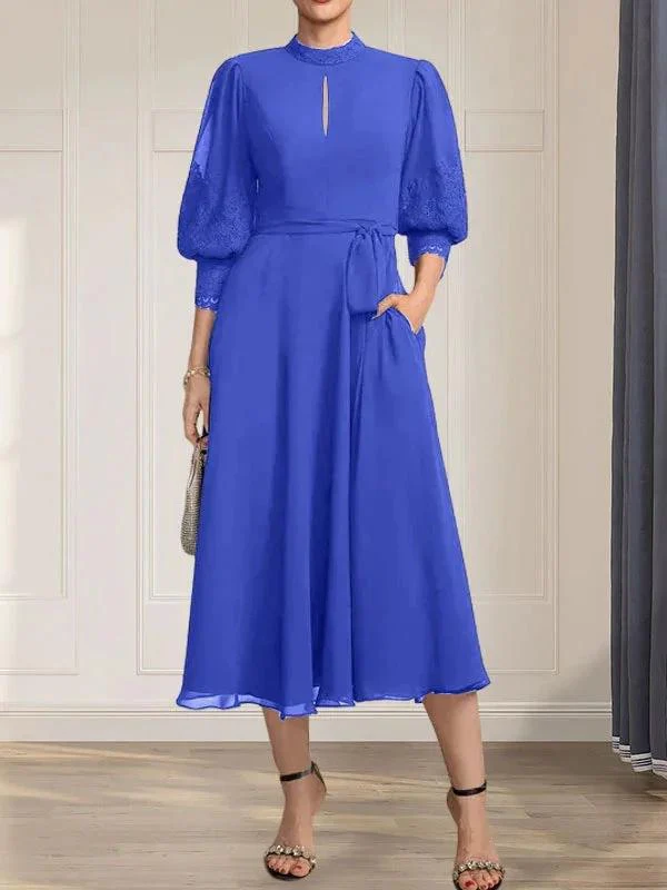 A-line High Neck Tea-Length Lace Chiffon Mother of the Bride Dress With Bow - Image 35