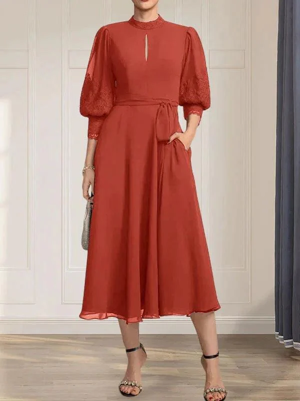 A-line High Neck Tea-Length Lace Chiffon Mother of the Bride Dress With Bow - Image 36