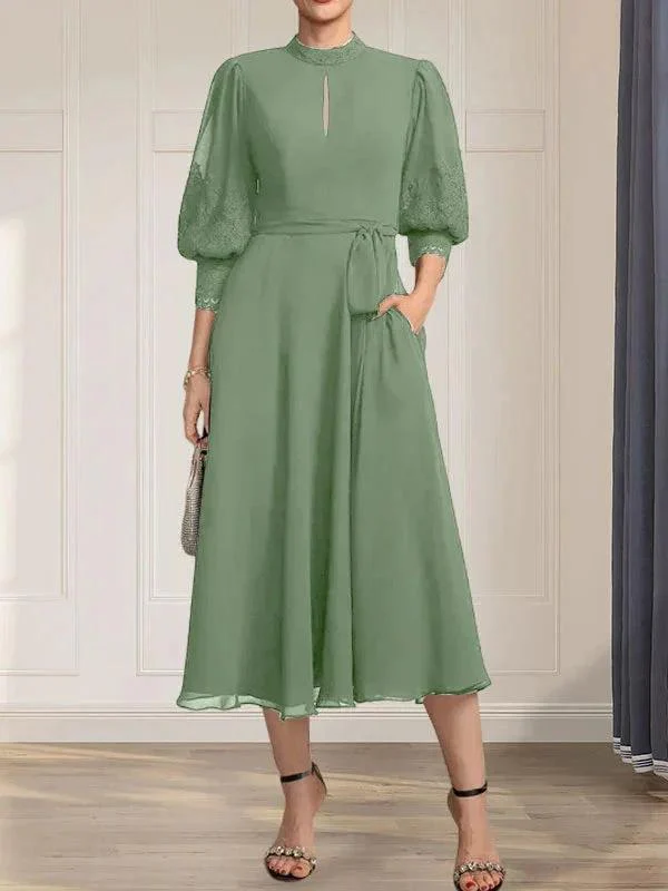 A-line High Neck Tea-Length Lace Chiffon Mother of the Bride Dress With Bow - Image 37