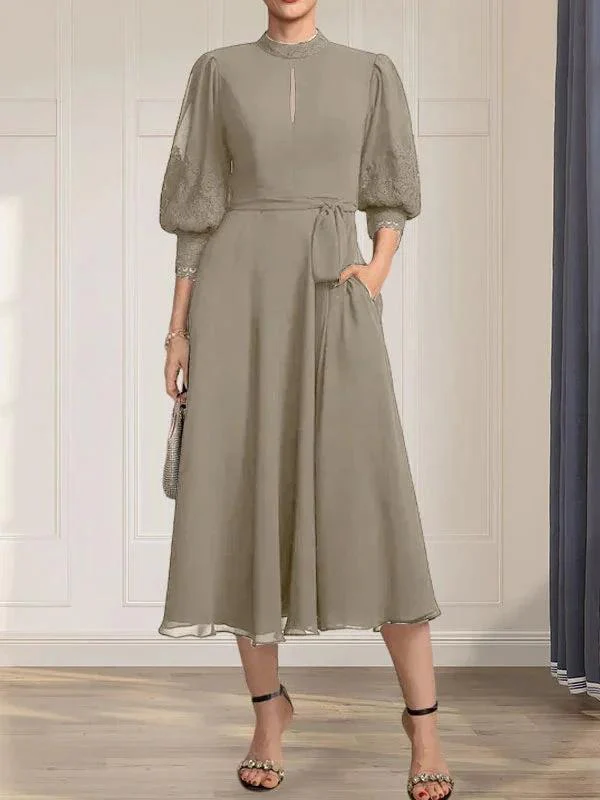 A-line High Neck Tea-Length Lace Chiffon Mother of the Bride Dress With Bow - Image 38