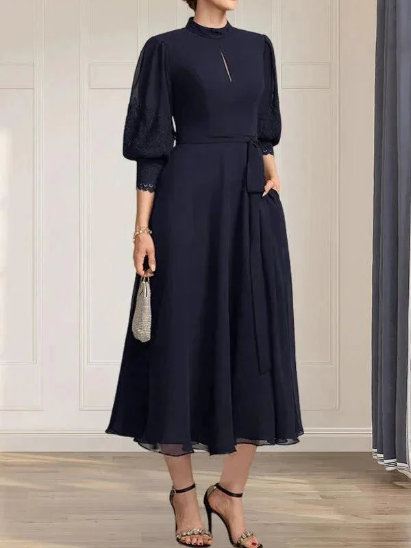A-line High Neck Tea-Length Lace Chiffon Mother of the Bride Dress With Bow - Image 4