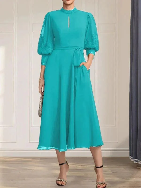 A-line High Neck Tea-Length Lace Chiffon Mother of the Bride Dress With Bow - Image 40