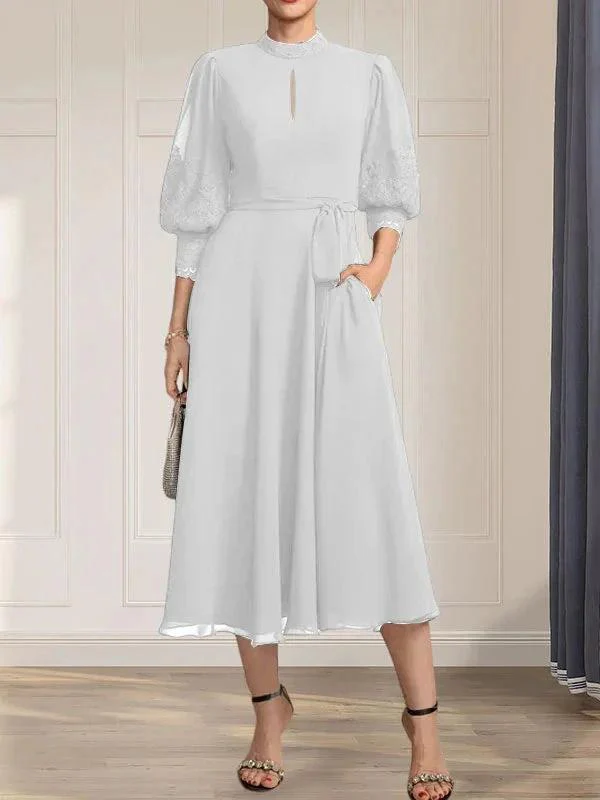 A-line High Neck Tea-Length Lace Chiffon Mother of the Bride Dress With Bow - Image 41