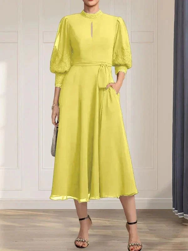 A-line High Neck Tea-Length Lace Chiffon Mother of the Bride Dress With Bow - Image 43