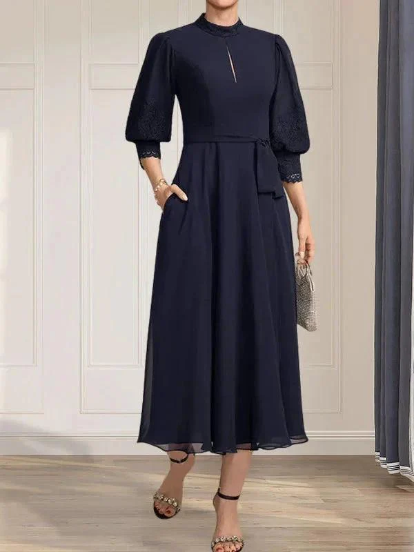 A-line High Neck Tea-Length Lace Chiffon Mother of the Bride Dress With Bow - Image 5