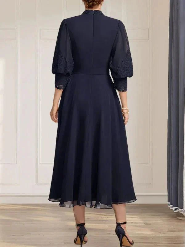 A-line High Neck Tea-Length Lace Chiffon Mother of the Bride Dress With Bow - Image 6