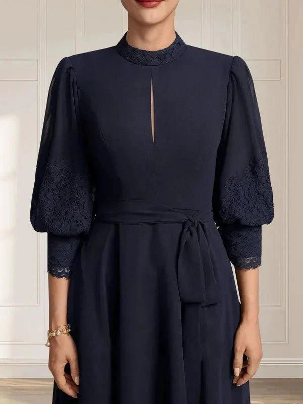 A-line High Neck Tea-Length Lace Chiffon Mother of the Bride Dress With Bow - Image 7