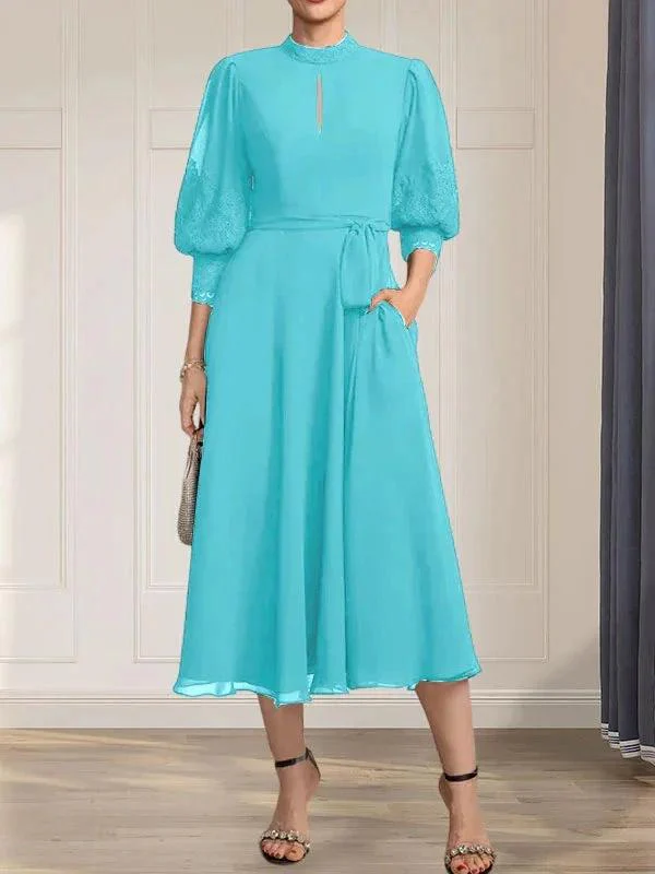 A-line High Neck Tea-Length Lace Chiffon Mother of the Bride Dress With Bow - Image 8