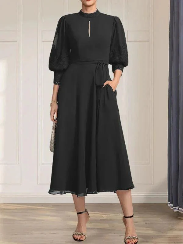 A-line High Neck Tea-Length Lace Chiffon Mother of the Bride Dress With Bow - Image 9