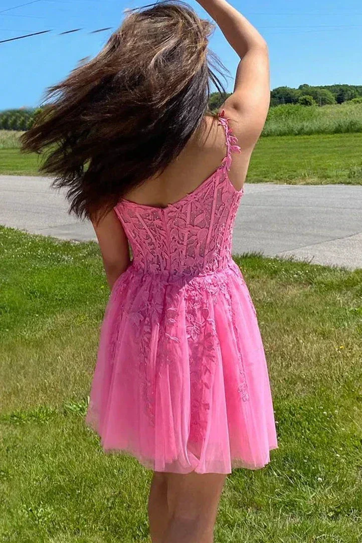 A-line Hot Pink Lace Appliques Party Dress Homecoming Dress PD460 - Image 2