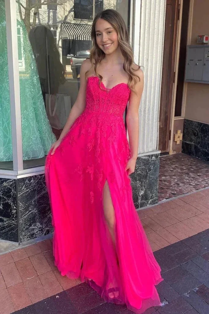 A-line Hot Pink Strapless Floral Appliques Long Prom Dress PSK495 - Image 2