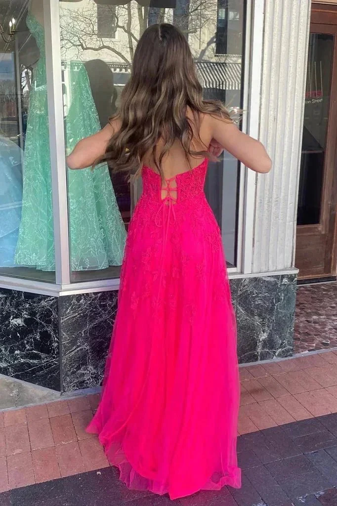 A-line Hot Pink Strapless Floral Appliques Long Prom Dress PSK495 - Image 3