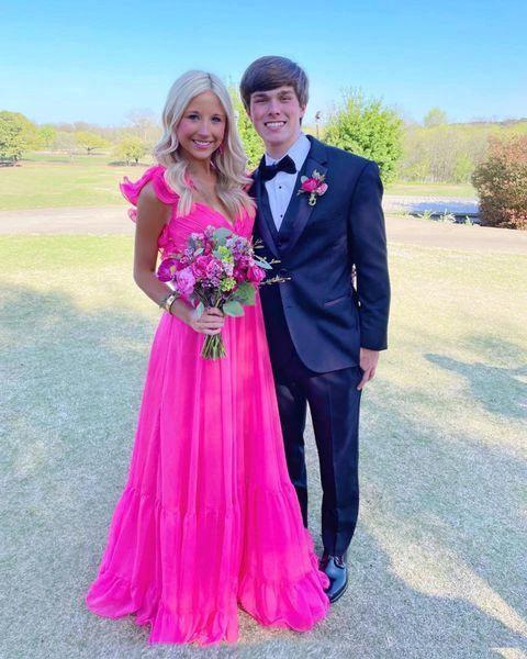 A-line Hot Pink V Neck Long Prom Dress Chic Evening Dress  Y298 - Image 2