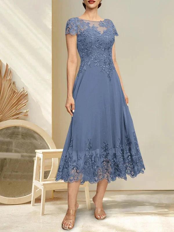 A-line Illusion Scoop Tea-Length Lace Chiffon Mother of the Bride Dress With Sequins - Image 10