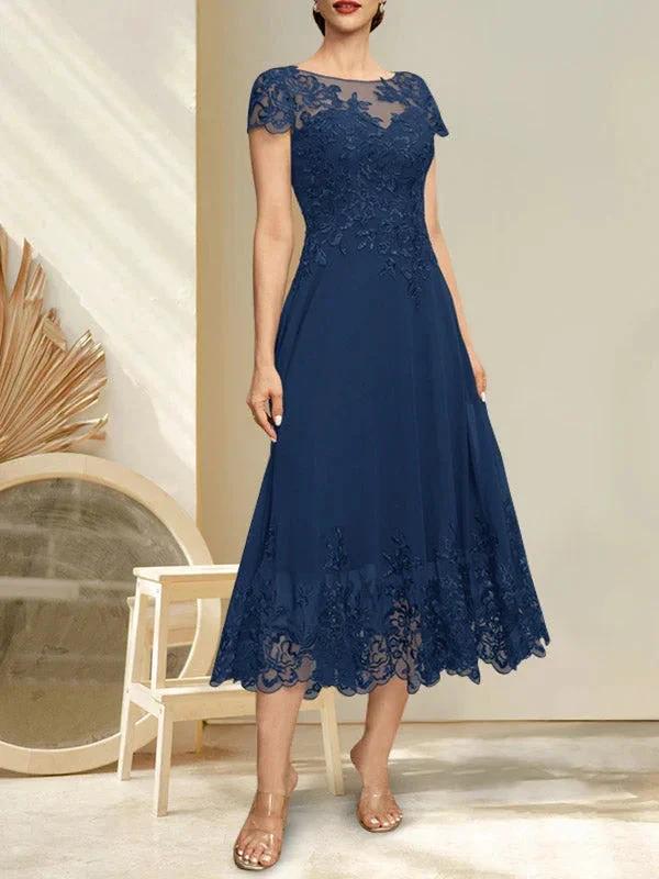 A-line Illusion Scoop Tea-Length Lace Chiffon Mother of the Bride Dress With Sequins - Image 11