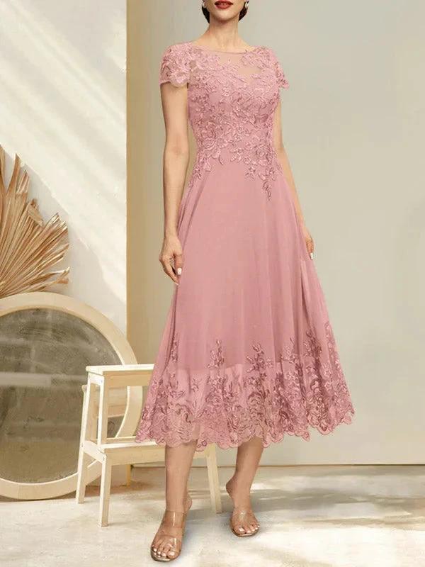 A-line Illusion Scoop Tea-Length Lace Chiffon Mother of the Bride Dress With Sequins - Image 12