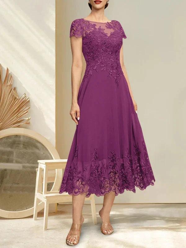 A-line Illusion Scoop Tea-Length Lace Chiffon Mother of the Bride Dress With Sequins - Image 13