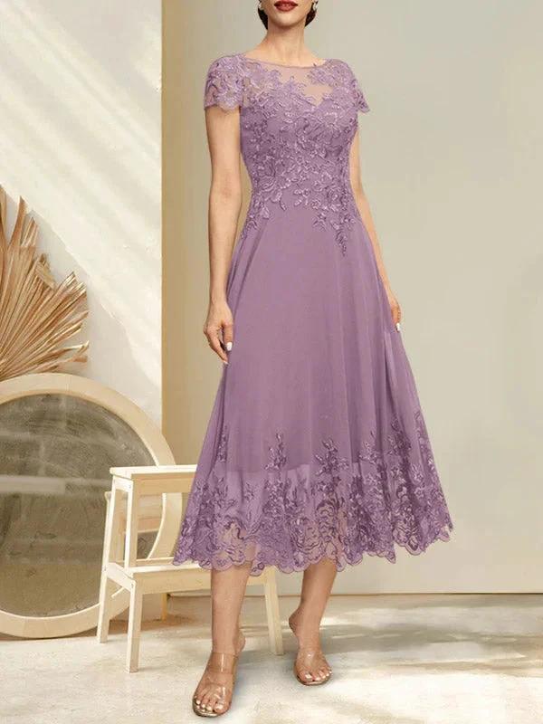 A-line Illusion Scoop Tea-Length Lace Chiffon Mother of the Bride Dress With Sequins - Image 14