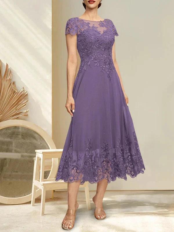 A-line Illusion Scoop Tea-Length Lace Chiffon Mother of the Bride Dress With Sequins - Image 15