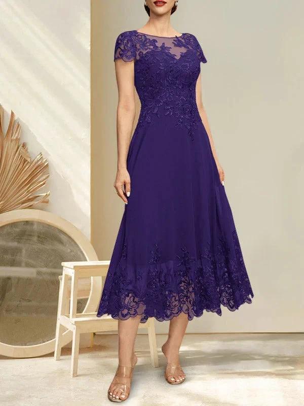 A-line Illusion Scoop Tea-Length Lace Chiffon Mother of the Bride Dress With Sequins - Image 16