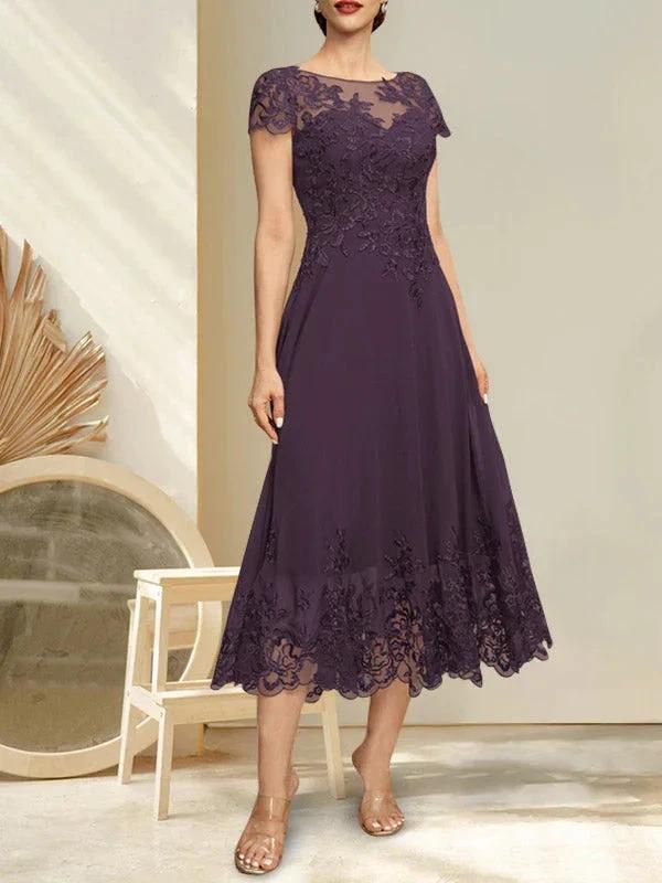 A-line Illusion Scoop Tea-Length Lace Chiffon Mother of the Bride Dress With Sequins - Image 17