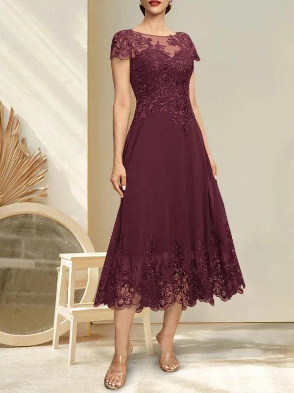 A-line Illusion Scoop Tea-Length Lace Chiffon Mother of the Bride Dress With Sequins - Image 18