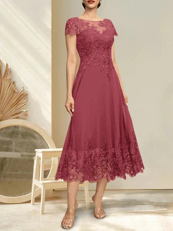 A-line Illusion Scoop Tea-Length Lace Chiffon Mother of the Bride Dress With Sequins - Image 19