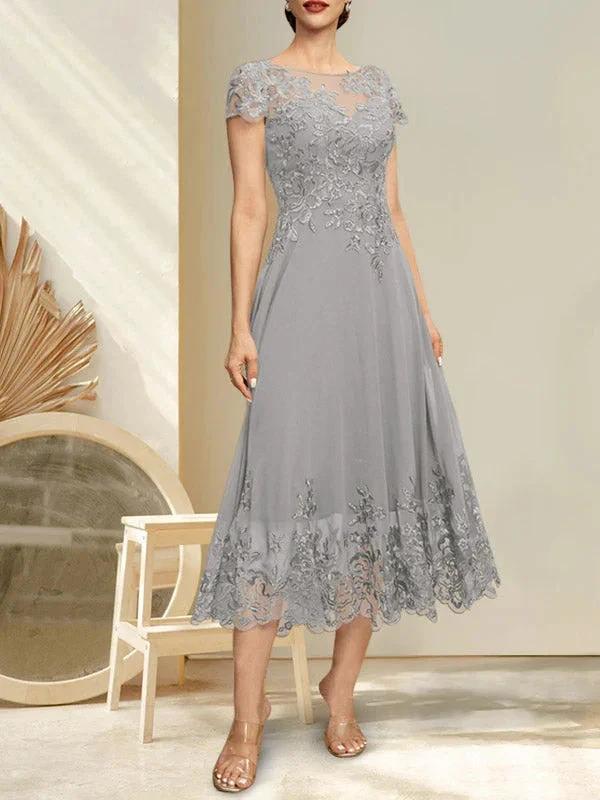 A-line Illusion Scoop Tea-Length Lace Chiffon Mother of the Bride Dress With Sequins - Image 2