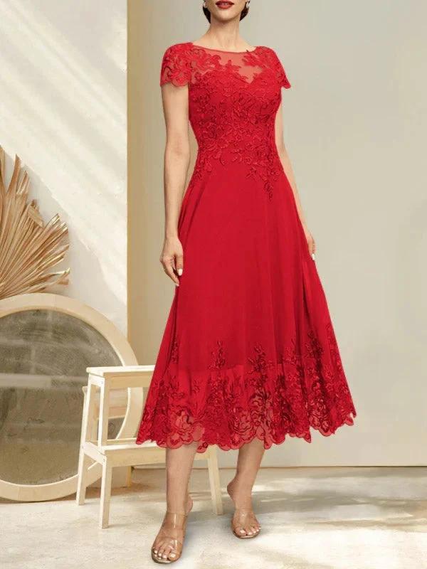 A-line Illusion Scoop Tea-Length Lace Chiffon Mother of the Bride Dress With Sequins - Image 20