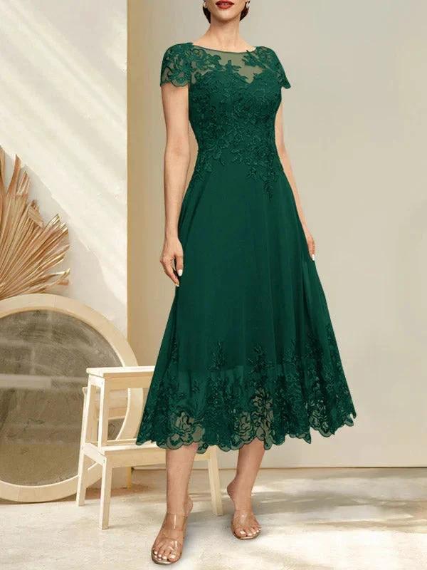 A-line Illusion Scoop Tea-Length Lace Chiffon Mother of the Bride Dress With Sequins - Image 21