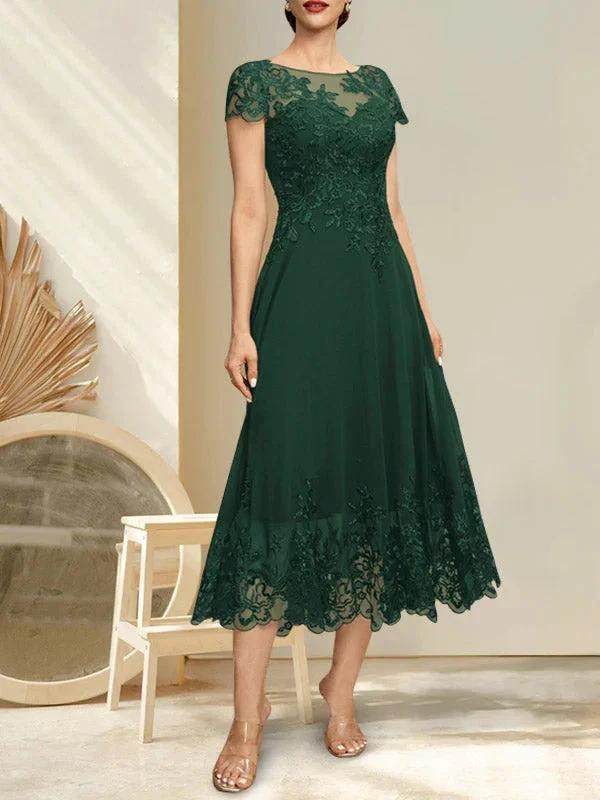 A-line Illusion Scoop Tea-Length Lace Chiffon Mother of the Bride Dress With Sequins - Image 22