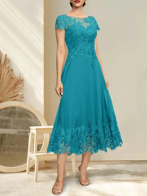 A-line Illusion Scoop Tea-Length Lace Chiffon Mother of the Bride Dress With Sequins - Image 24