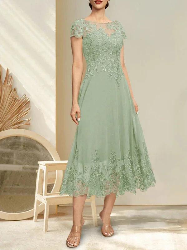A-line Illusion Scoop Tea-Length Lace Chiffon Mother of the Bride Dress With Sequins - Image 25