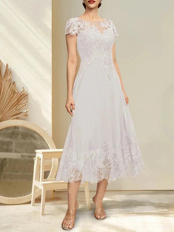 A-line Illusion Scoop Tea-Length Lace Chiffon Mother of the Bride Dress With Sequins - Image 26