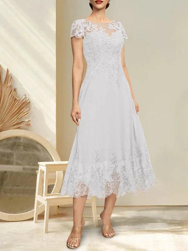 A-line Illusion Scoop Tea-Length Lace Chiffon Mother of the Bride Dress With Sequins - Image 27