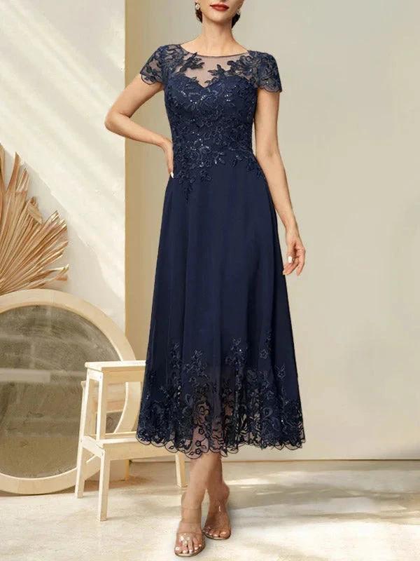A-line Illusion Scoop Tea-Length Lace Chiffon Mother of the Bride Dress With Sequins - Image 28