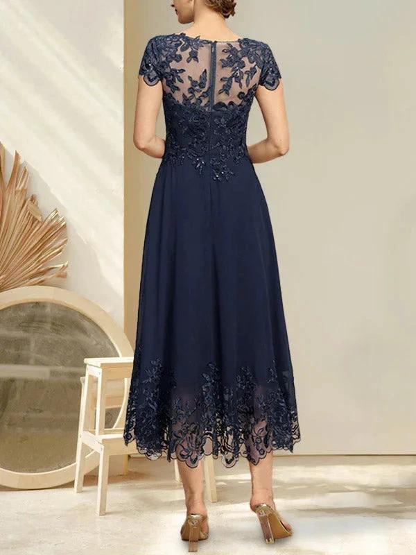 A-line Illusion Scoop Tea-Length Lace Chiffon Mother of the Bride Dress With Sequins - Image 29
