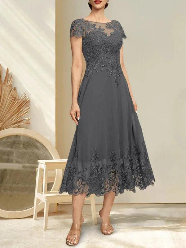 A-line Illusion Scoop Tea-Length Lace Chiffon Mother of the Bride Dress With Sequins - Image 3