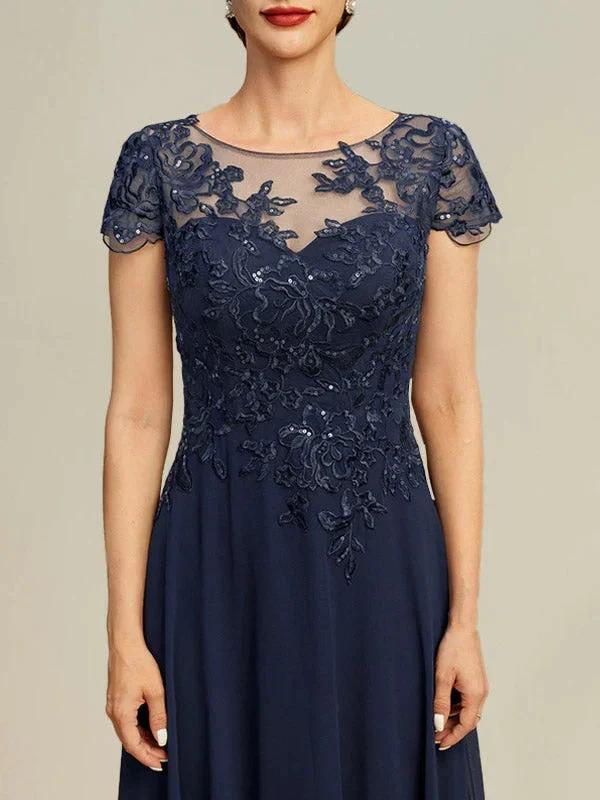 A-line Illusion Scoop Tea-Length Lace Chiffon Mother of the Bride Dress With Sequins - Image 30
