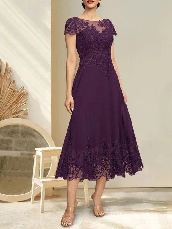 A-line Illusion Scoop Tea-Length Lace Chiffon Mother of the Bride Dress With Sequins - Image 4