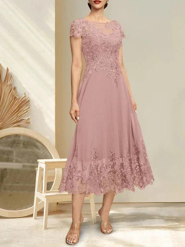 A-line Illusion Scoop Tea-Length Lace Chiffon Mother of the Bride Dress With Sequins - Image 5