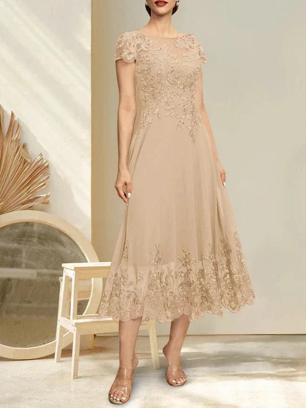 A-line Illusion Scoop Tea-Length Lace Chiffon Mother of the Bride Dress With Sequins - Image 6