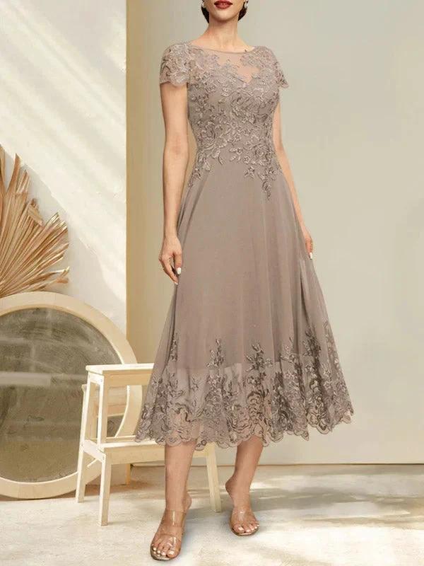A-line Illusion Scoop Tea-Length Lace Chiffon Mother of the Bride Dress With Sequins - Image 7