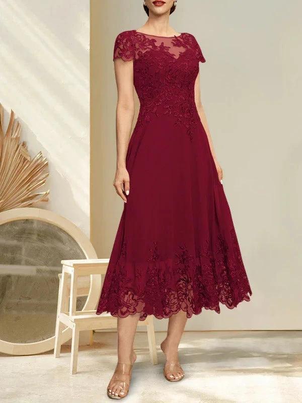 A-line Illusion Scoop Tea-Length Lace Chiffon Mother of the Bride Dress With Sequins - Image 8