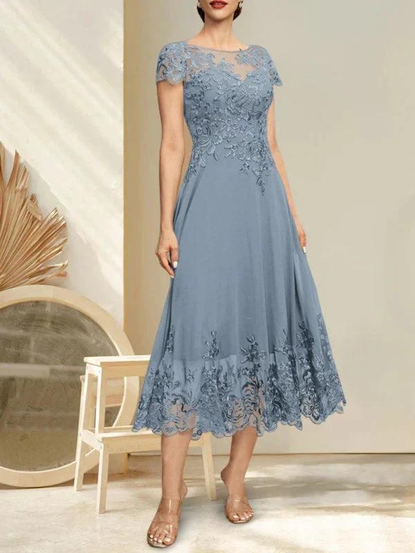 A-line Illusion Scoop Tea-Length Lace Chiffon Mother of the Bride Dress With Sequins - Image 9