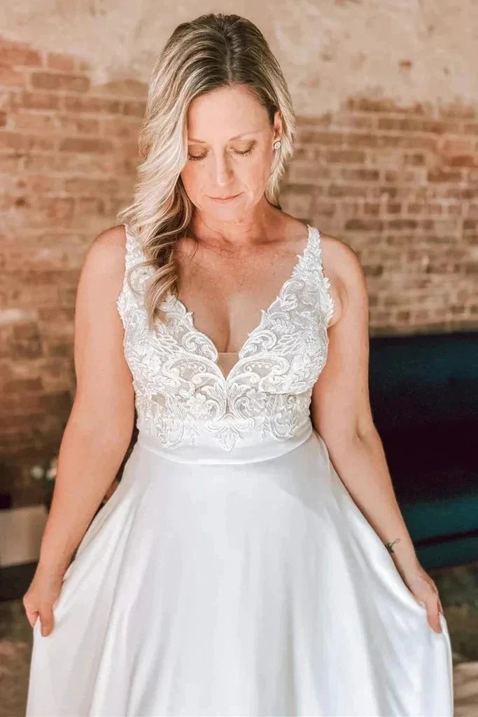 A Line Ivory Floral Lace Open Back Long Wedding Dresses WD686 - Image 2