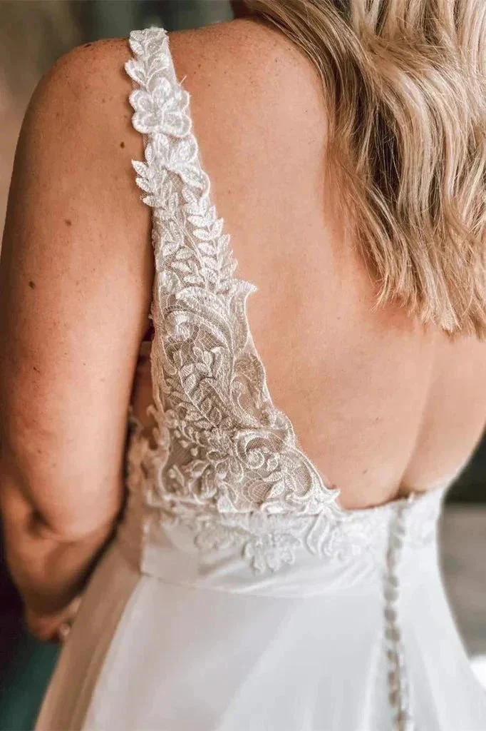 A Line Ivory Floral Lace Open Back Long Wedding Dresses WD686 - Image 3